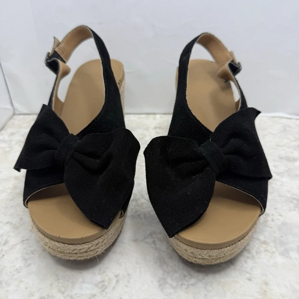 UGG Camilla Women's Size 7 Black Suede Bow Espadrille Wedge Sandals Slingback